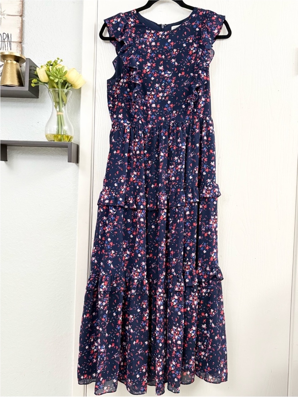 J. Crew Factory Navy Midi Dress with Pink & White Floral Print Size 6
